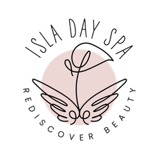 ISLA Day Spa logo with stylized butterfly and face line art,