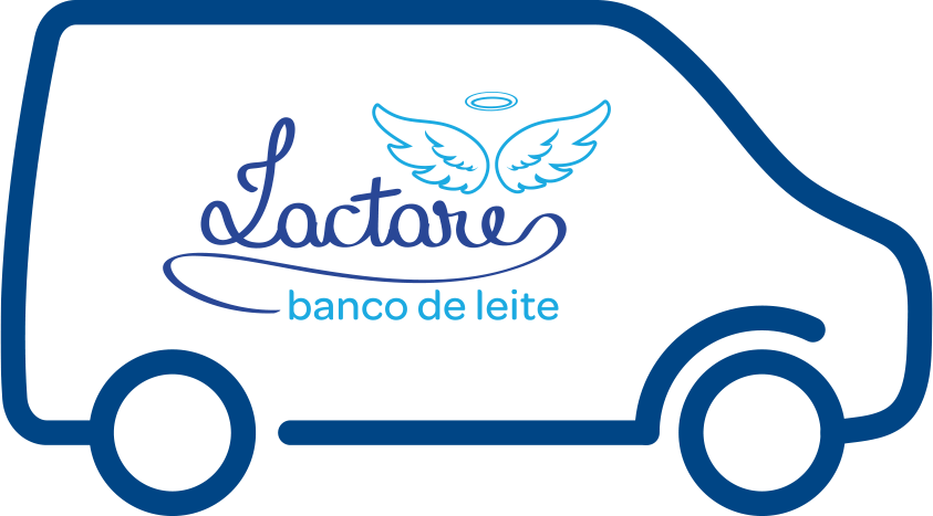 Uma van azul com as palavras lactare banco de leite na lateral