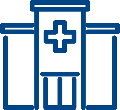 Um ícone azul de um prédio hospitalar com uma cruz nele.