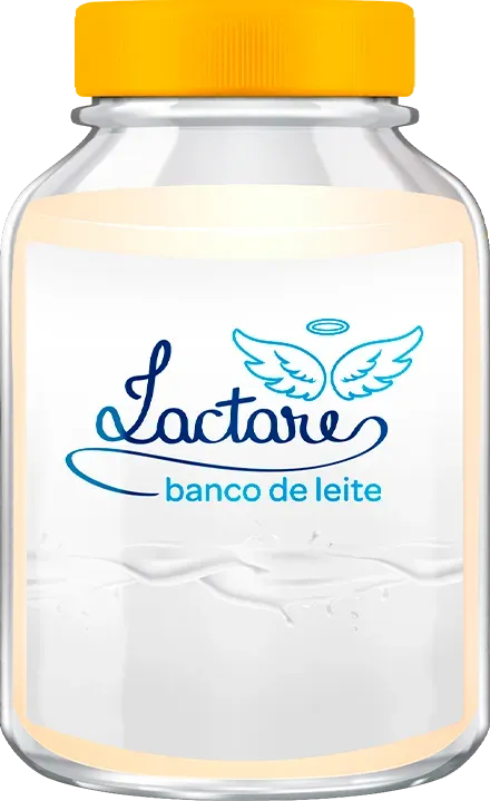 Um pote de leite do banco de leite Lactare com tampa amarela.