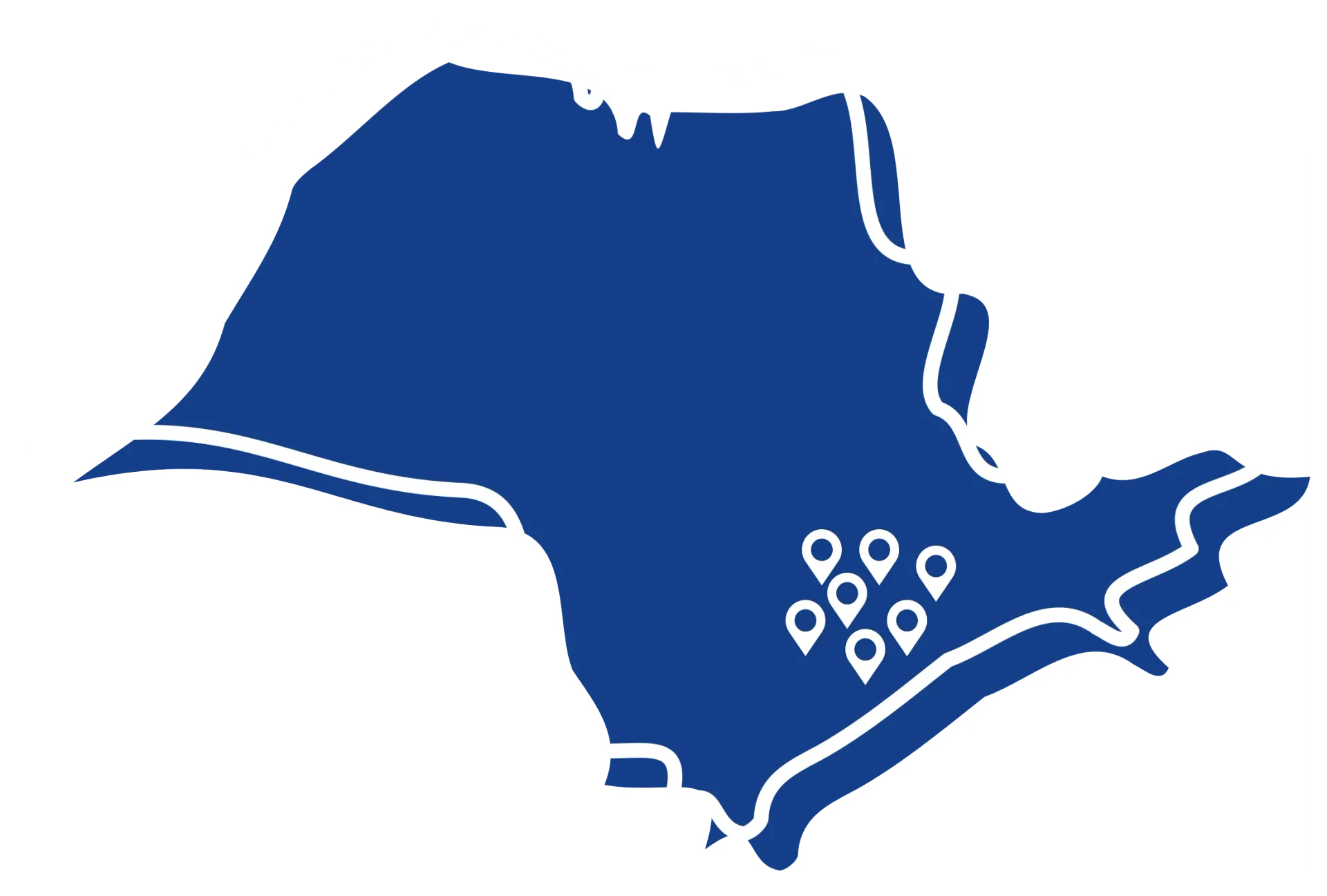 Um mapa azul de um país com pontos brancos.