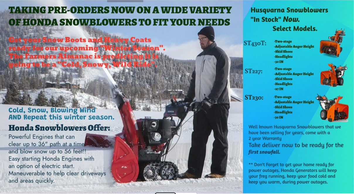 Flyer: Taking pre-orders for Honda snowblowers. Man operating snowblower in snowy field. Text & snowblower images.