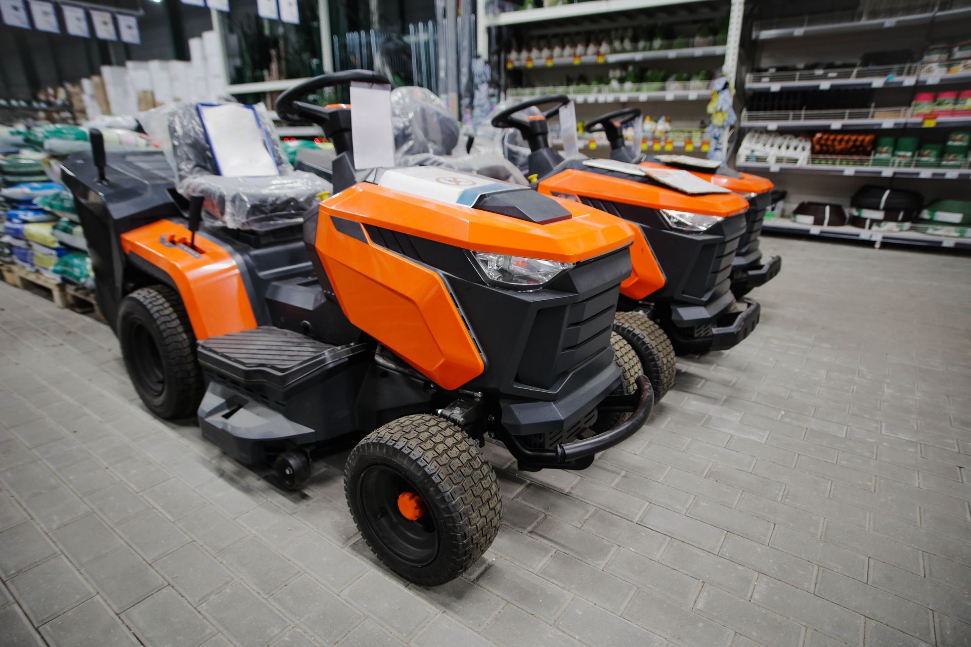 New ride-on lawn mowers at garden center.