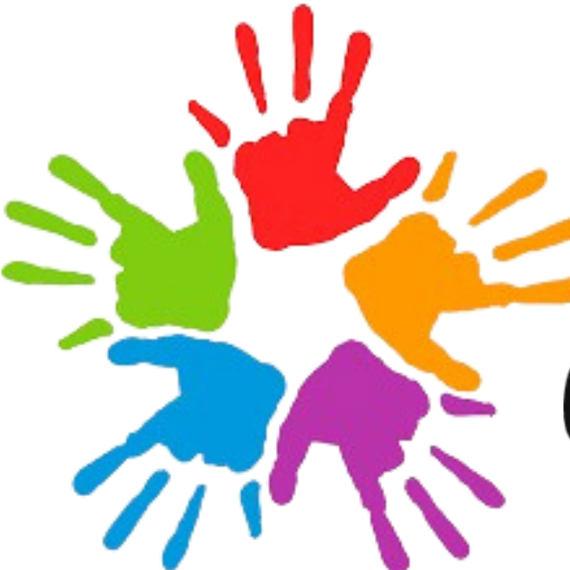 A circle of colorful handprints on a white background