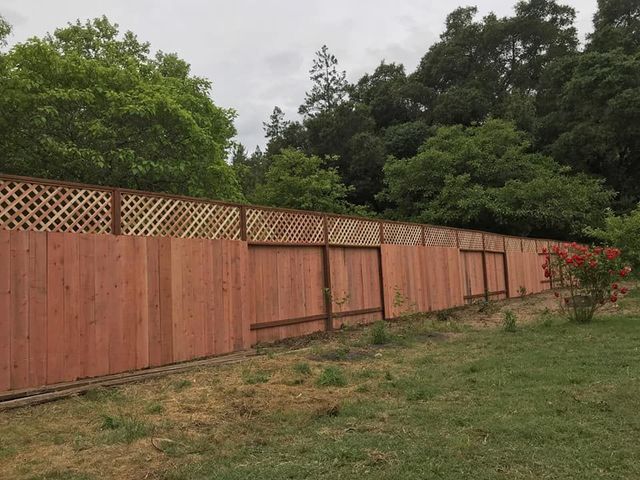 A wooden fence is in the middle of a grassy field.
