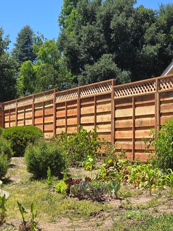 A wooden fence surrounds a lush green garden.