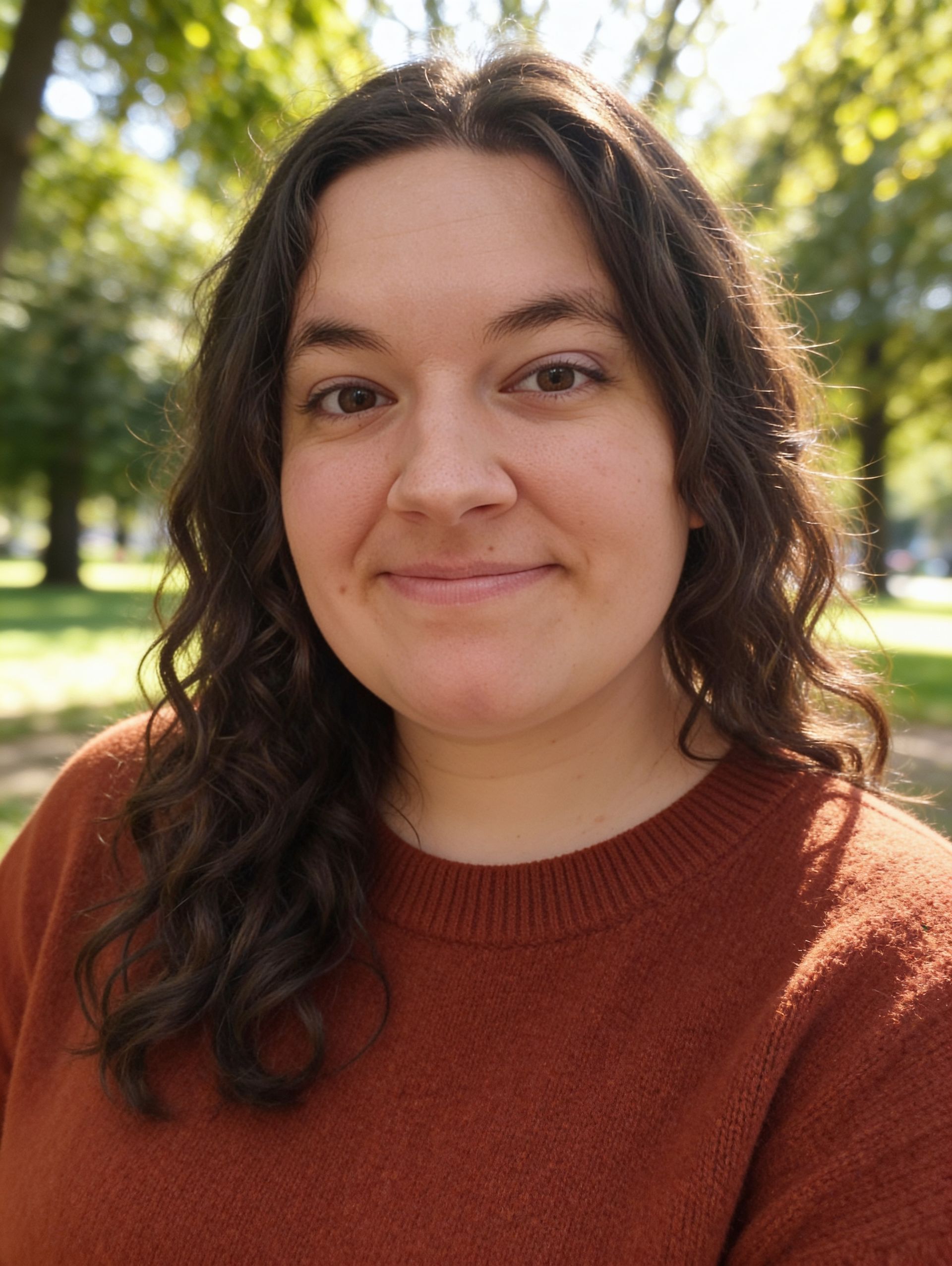 Portrait of a woman with long wavy hair in a white shirt outdoors at sunset