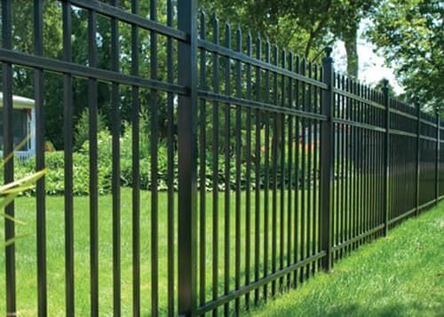A black metal fence surrounds a lush green yard.