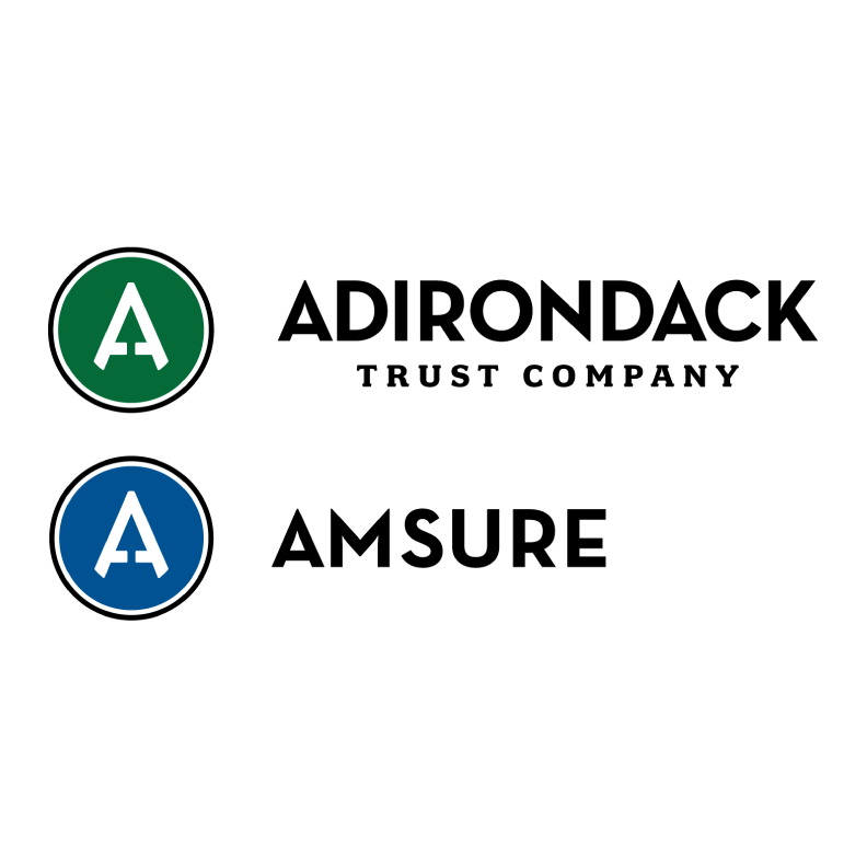 Adirondack Trust Company and Amsure logos, green and blue circular A icons on white background