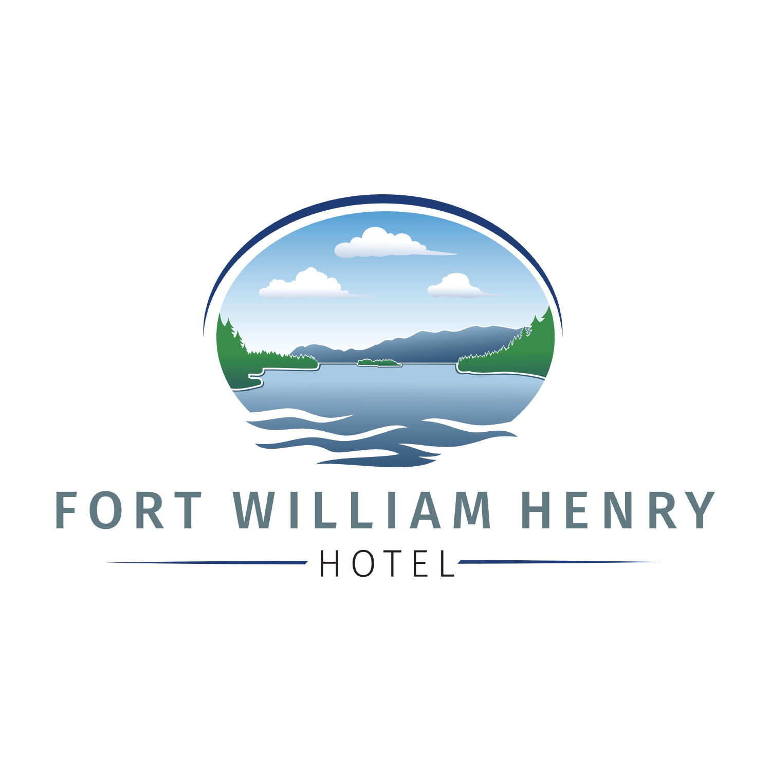 Fort William Henry Hotel logo with lake, mountains, clouds, and blue-green scenery