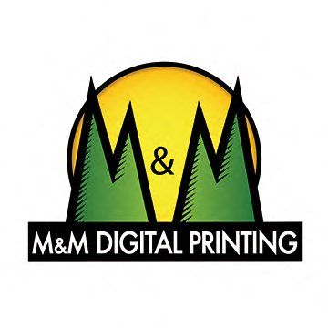 M&M Digital Printing logo with green and black “M&M” over a yellow circle.