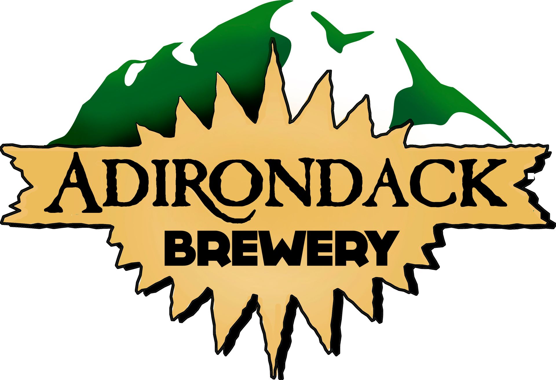 Adirondack Brewery logo with green mountains and tan woodcut-style text on a white background