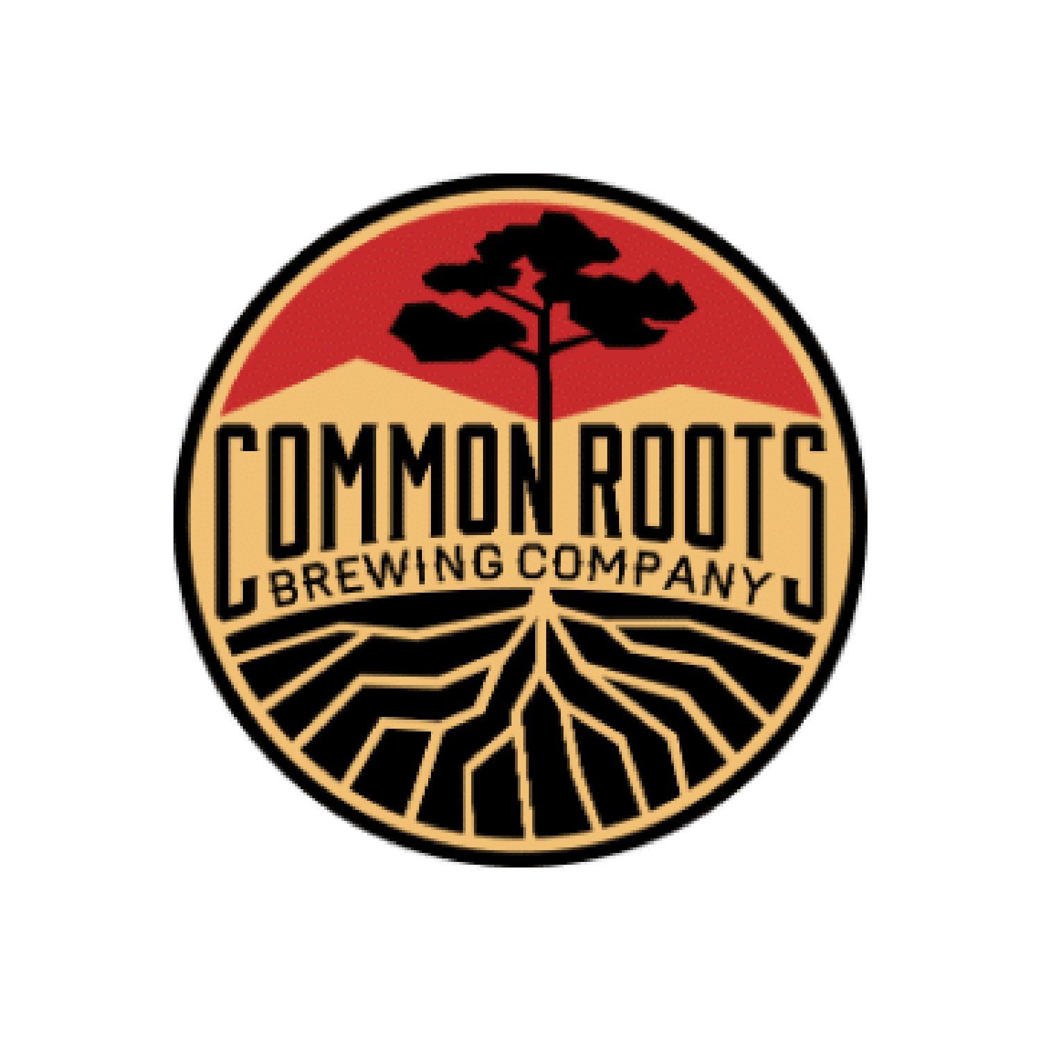 Common Roots Brewing Company logo with tree roots in a red-and-gold circular design