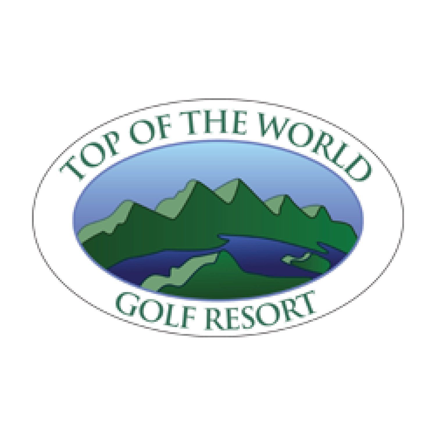 Top of the World Golf Resort logo with mountains, blue water, and green hills in an oval emblem