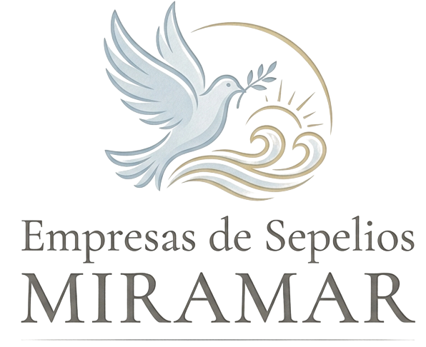 Logo de Empresa de Sepelios Miramar con paloma blanca y tonos gris y dorado