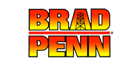 a red and yellow logo for brad penn on a white background