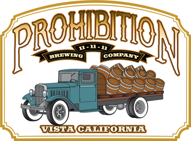 A prohibition brewing company logo with a truck full of barrels