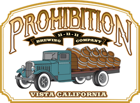 A prohibition brewing company logo with a truck full of barrels