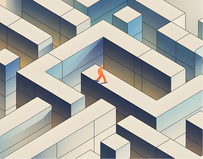 Person in orange walking through a beige maze-like corridor maze.
