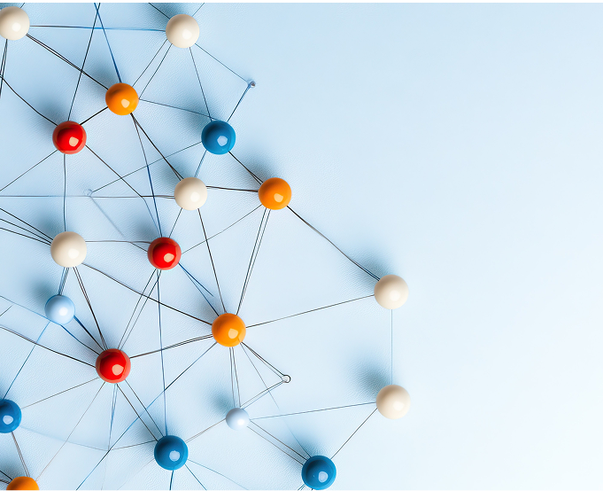 Abstract network of connected colored spheres on a light blue background