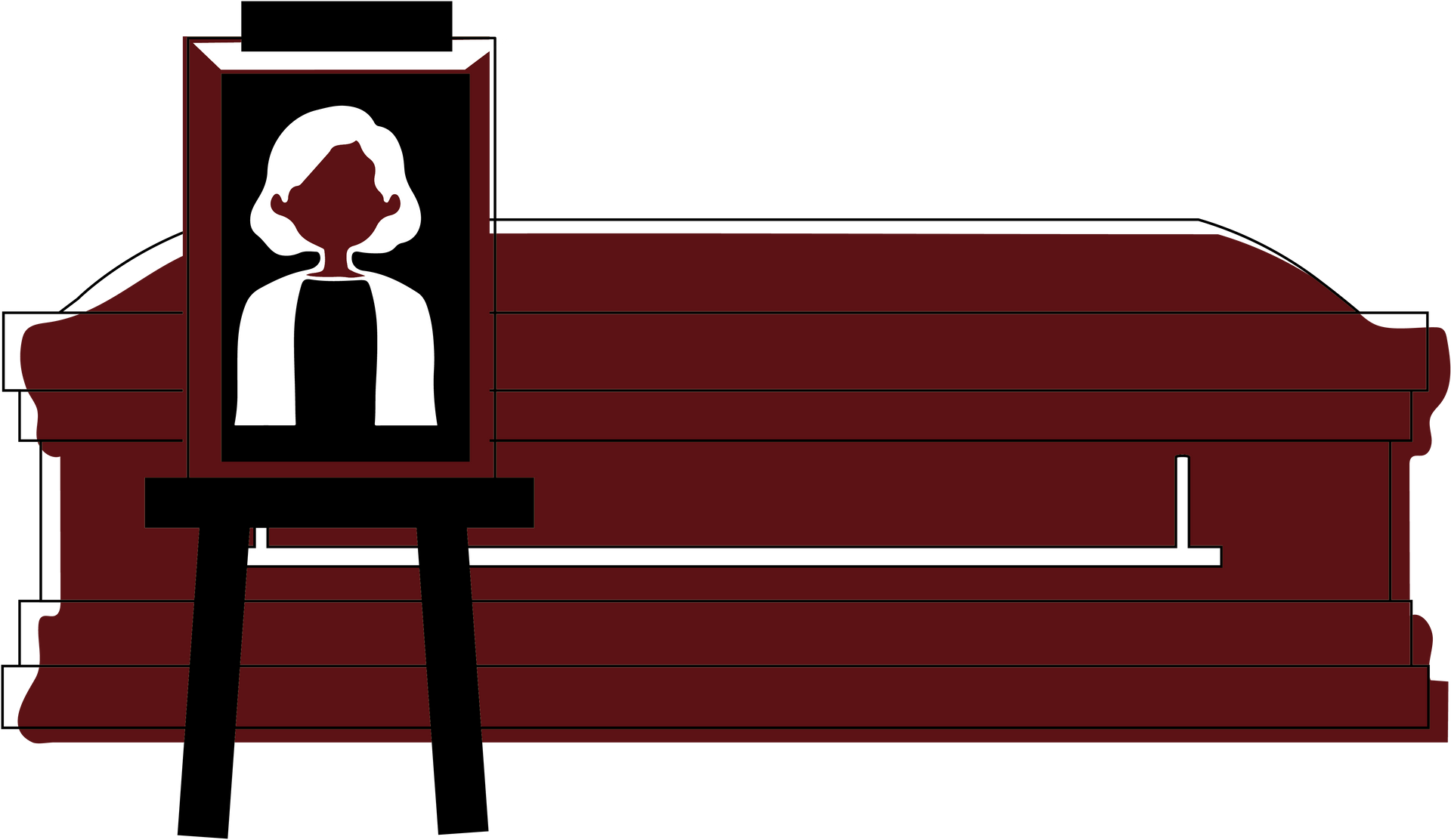 A burgundy casket with a portrait of a person in front of it.