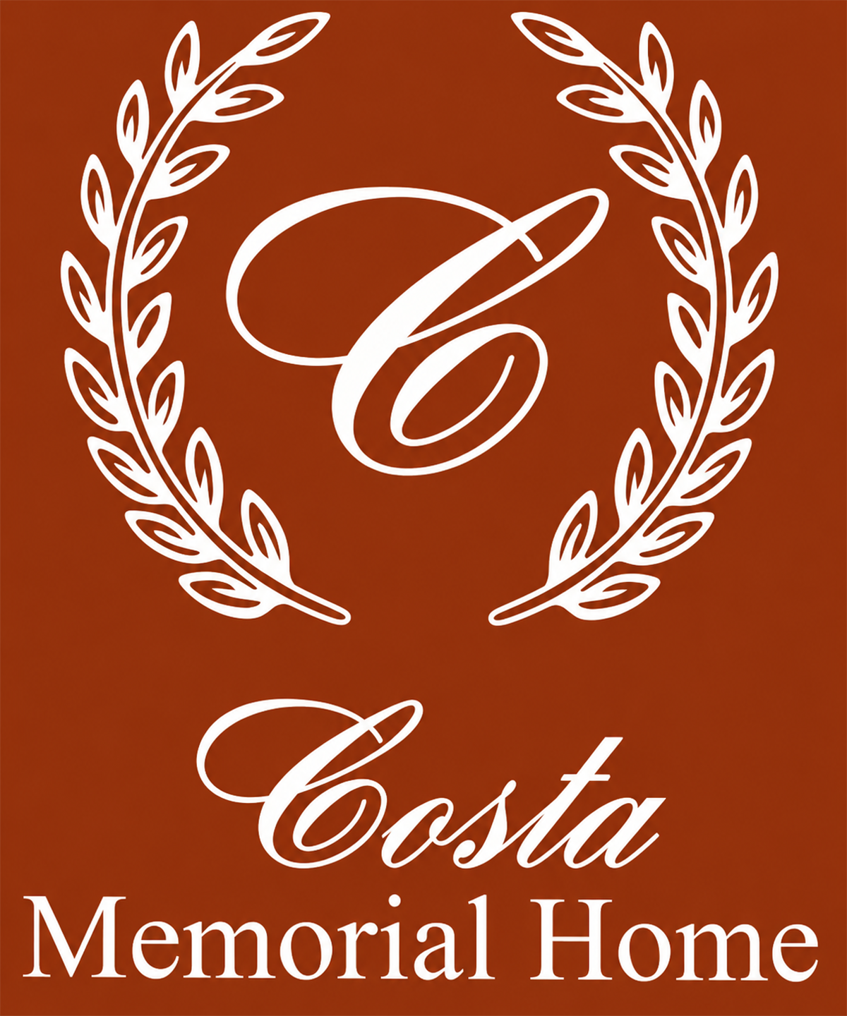 Costa Memorial Home logo with white laurel wreath and script C on a brown background