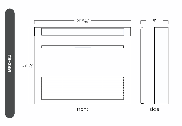 Diagram of a rectangular cabinet showing front and side views with dimensions: 29 7/8