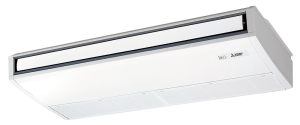 White ceiling-mounted air conditioning unit with the Mitsubishi logo.