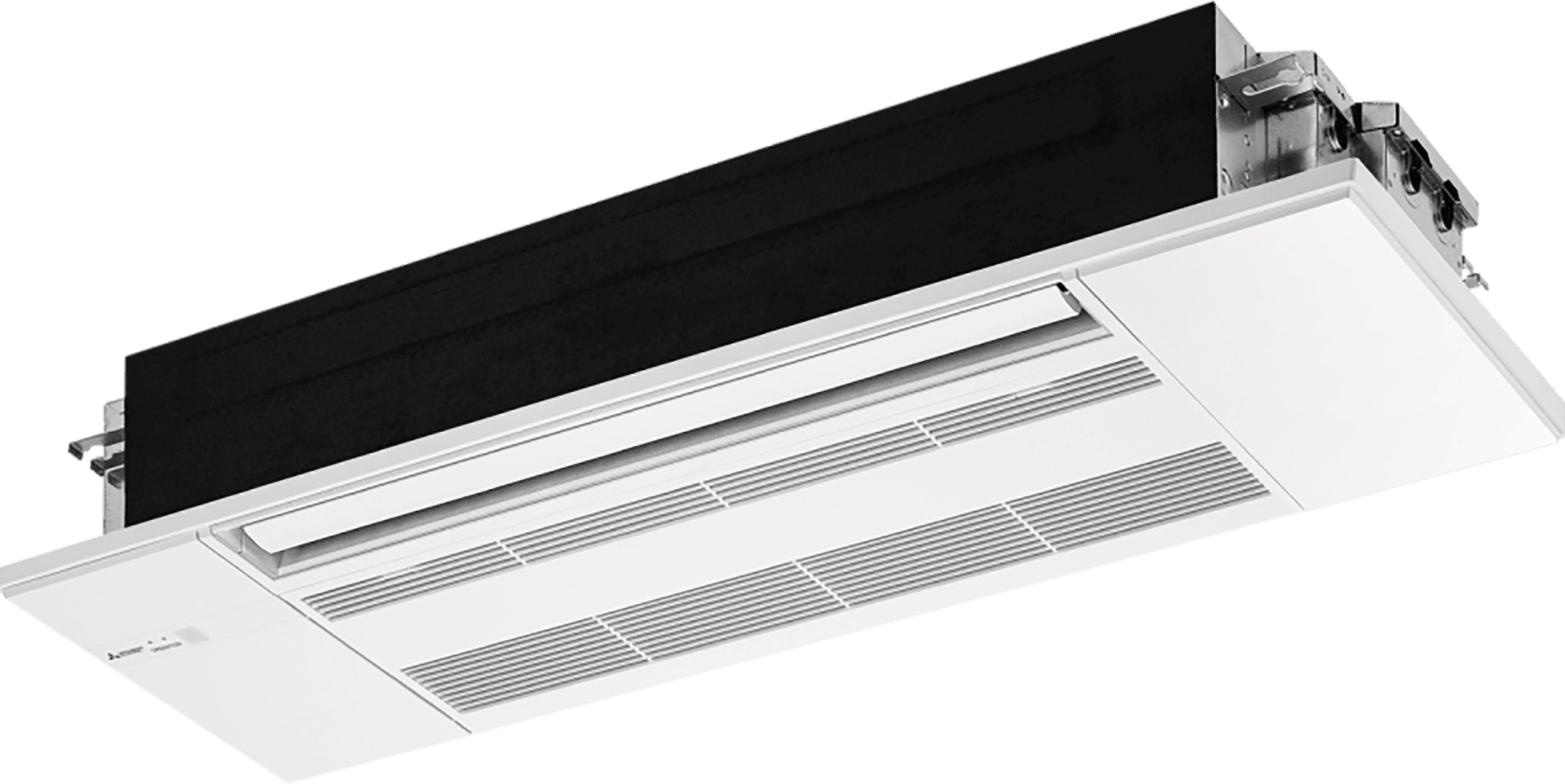 White and black ceiling-mounted air conditioner with horizontal vents.