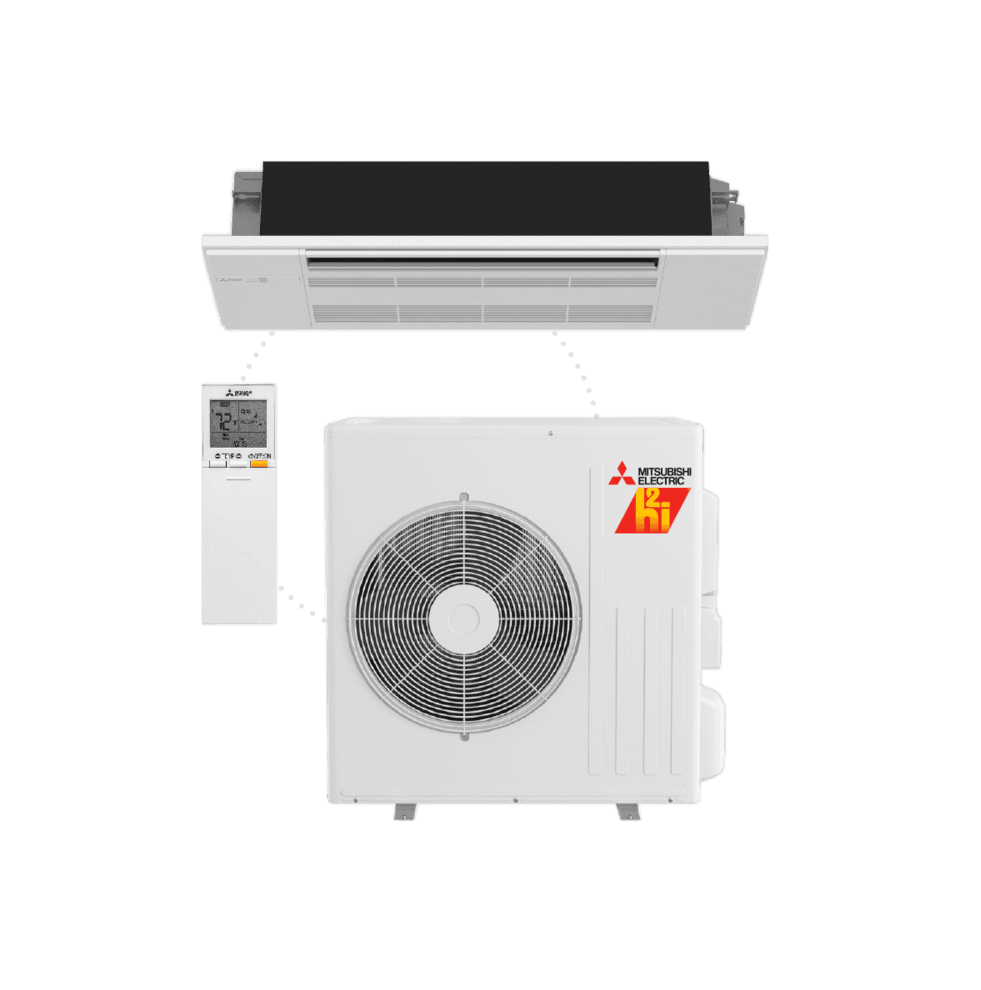 Mitsubishi ductless air conditioning system components: ceiling unit, outdoor unit, and remote.
