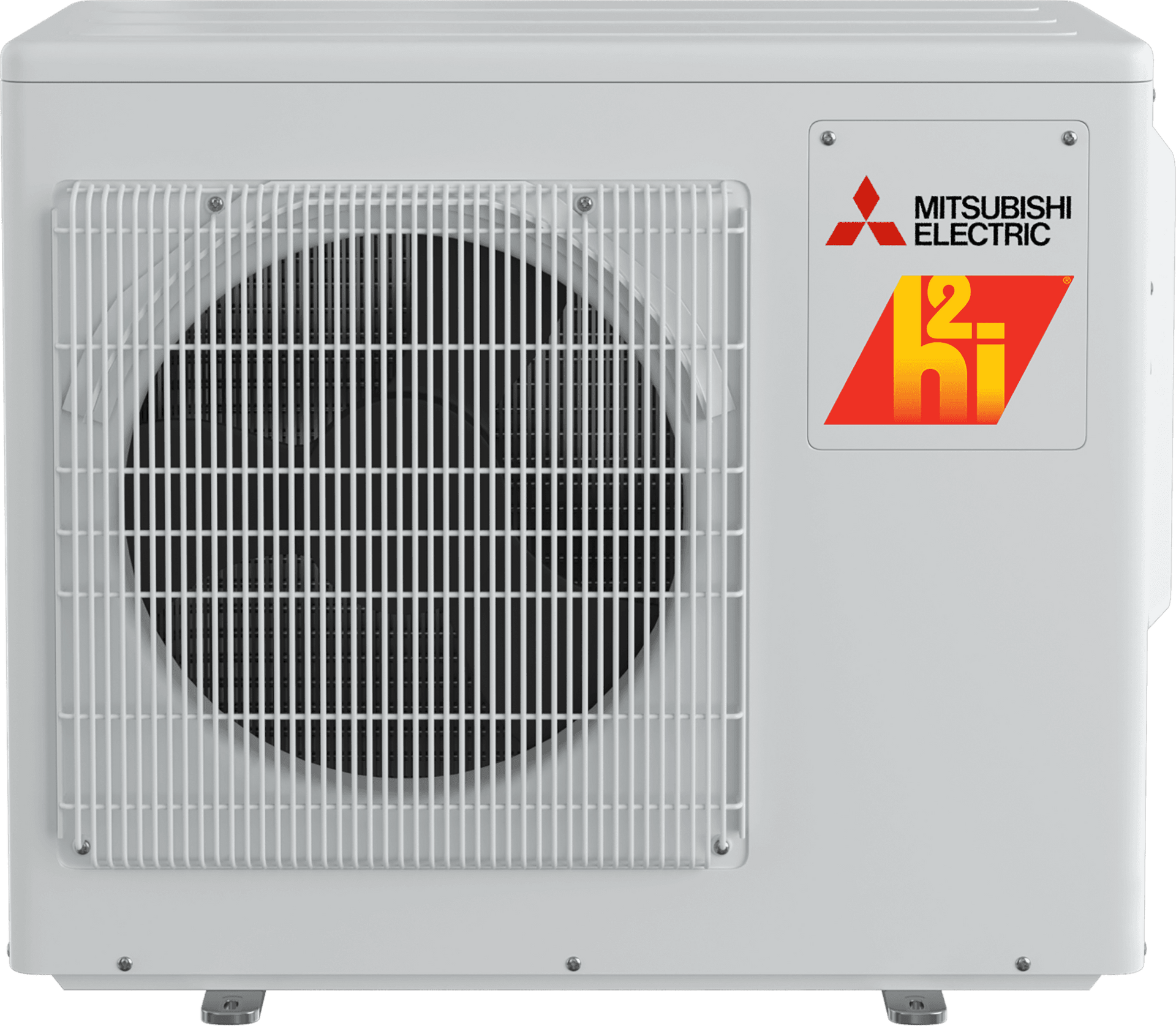 Mitsubishi Electric H2i heat pump unit, white, with a fan grill. The logo is visible on the side.
