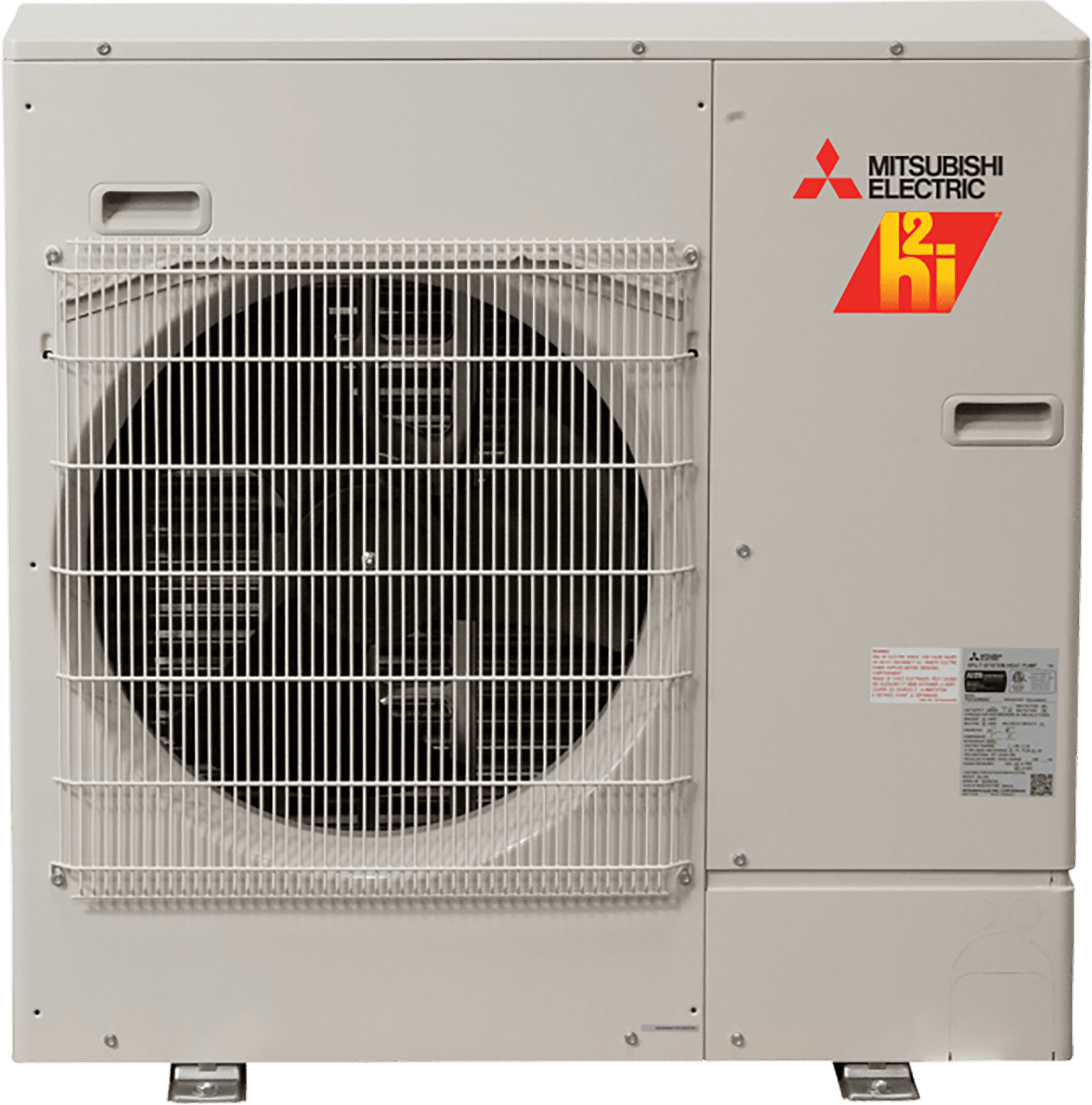 Mitsubishi heat pump, white rectangular unit with two large fans behind protective grilles.