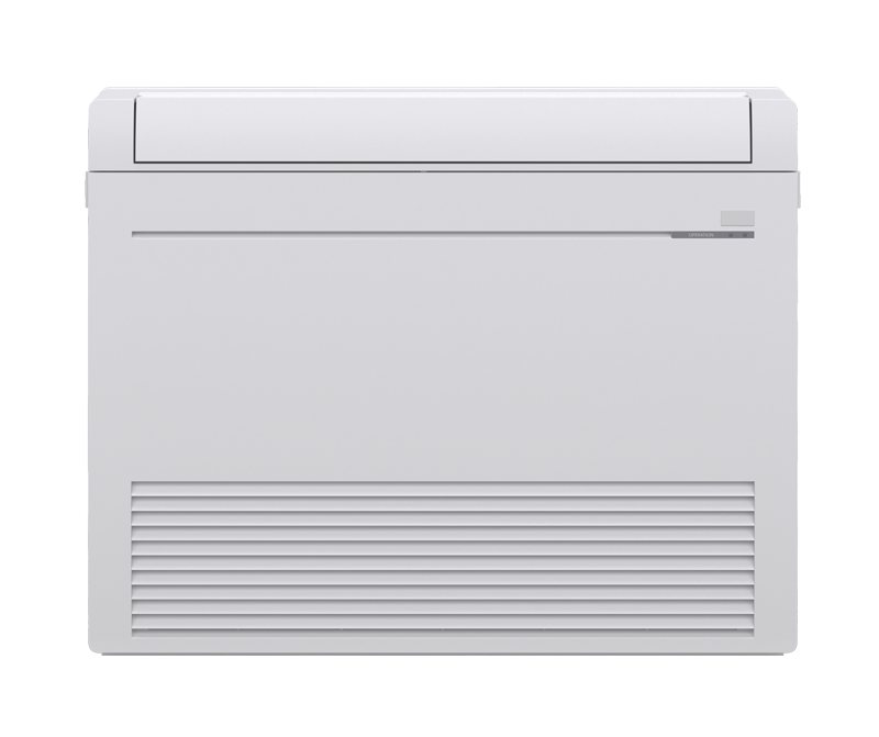 White Mitsubishi floor-mounted air conditioning unit.