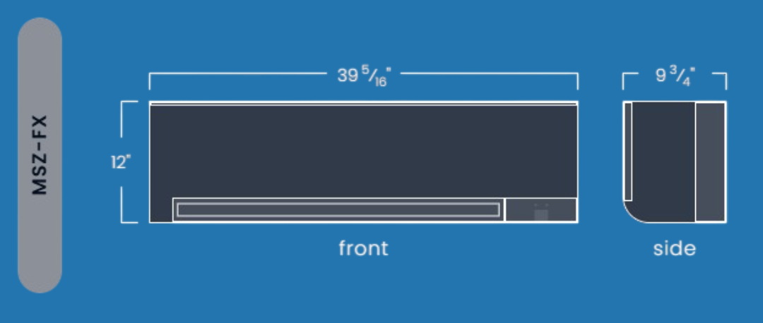 Diagram of a rectangular object with measurements labeled, including front and side views; blue background.
