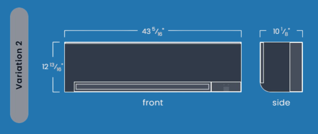 Diagram showing front and side views of an air conditioning unit; dimensions are labeled in inches.