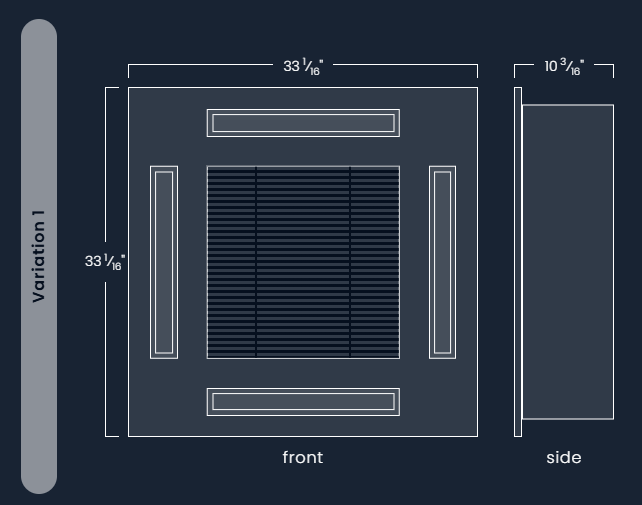 Diagram of a rectangular cabinet design with front and side views, showing dimensions .