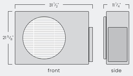 Diagram of a rectangular object, likely an appliance, showing a front and side view with dimensions.
