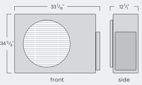 Diagram of an air conditioning unit with front and side views, showing dimensions in inches.