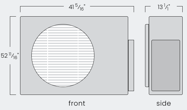 Diagram of rectangular appliance with dimensions labeled: 52 9/16