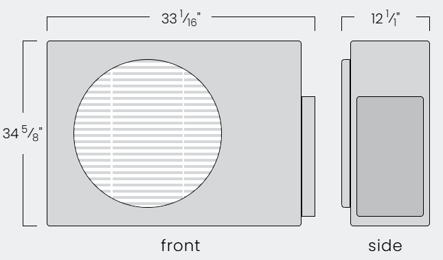Diagram of a rectangular object with a large circular vent on the front, and dimensions in inches.