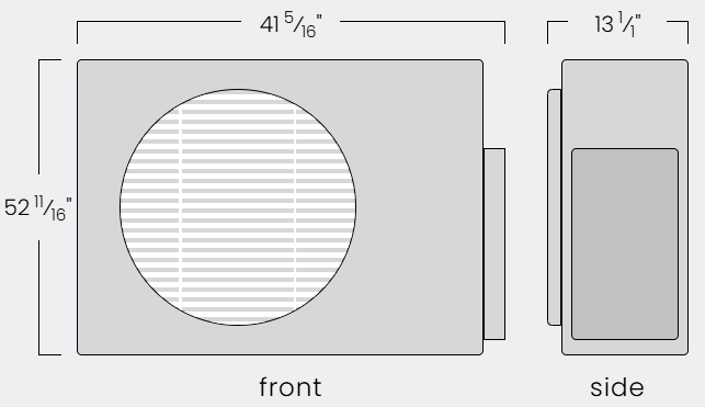 Diagram of an air conditioner, showing front and side views with dimensions in inches.