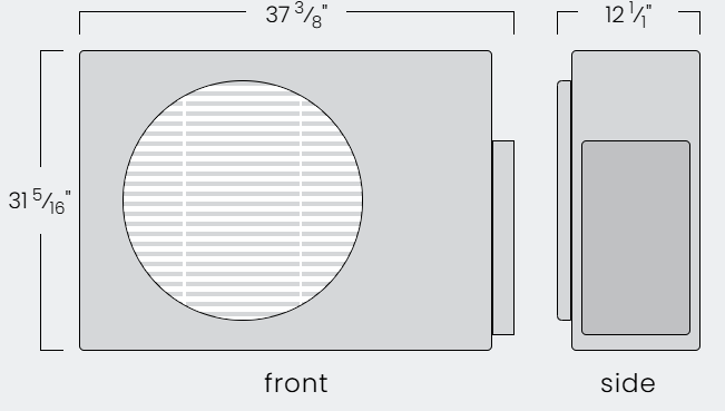 Diagram of an air conditioning unit. Front view shows a rectangular unit with a large circular grill.