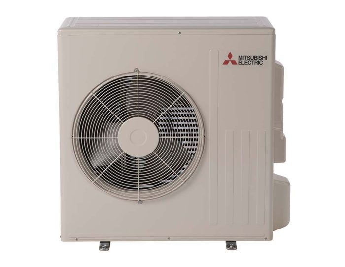 Mitsubishi Electric heat pump, outdoor unit, beige with fan.