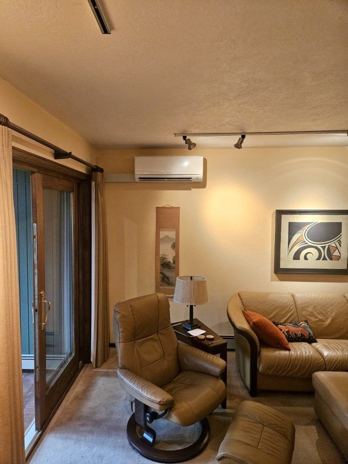 Living room with leather furniture, sliding glass door, artwork, and an air conditioner.