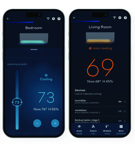 Two smartphone screens: Bedroom with cooling set to 73 and Living Room with temperature 69 and auto heating enabled.