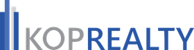 O logotipo da kop realty é azul e cinza com fundo branco. Possui icone de linhas que formam torres de prédios.
