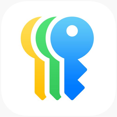 A blue green and yellow key icon on a white background