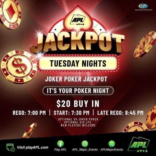 APL Poker every Tuesday. Late lunch session : Registration: 12.30pm.  /  Start: 1pm
Night session: Registration: 6.30pm.  /  Start: 7.30pm
