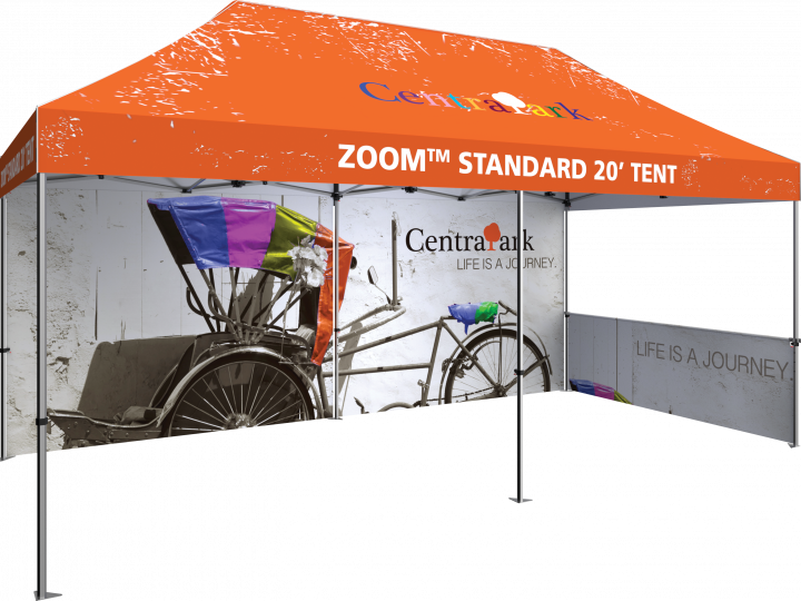 Orange and white Central Park tent with a large bicycle graphic.