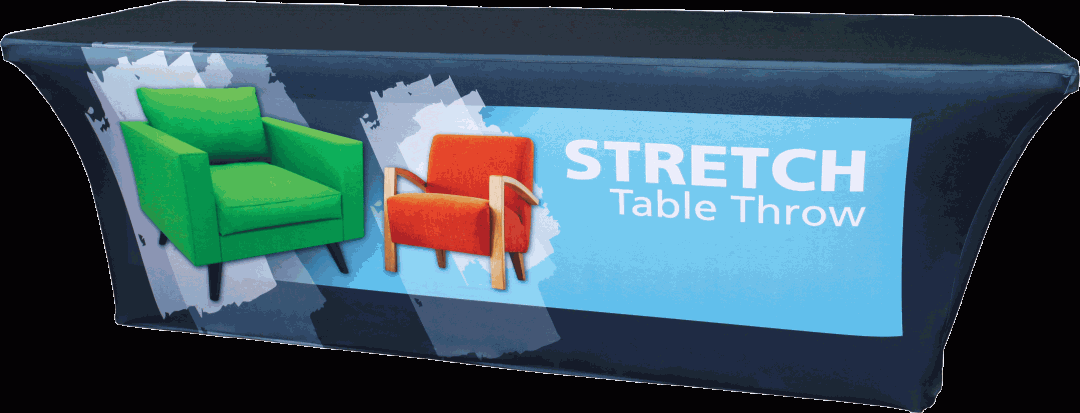 Stretch table throw with a green and orange chair illustration.